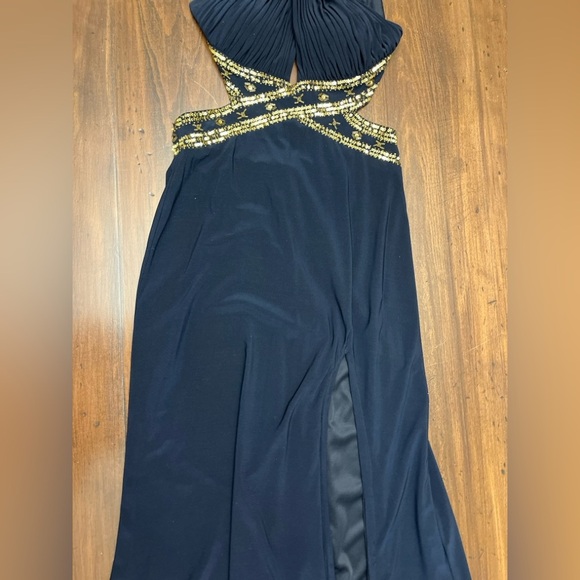 Betsy & Adam Navy Formal Gown Size 8 Gold Beaded Trim Cutout Halter Prom Pageant - Picture 5 of 15